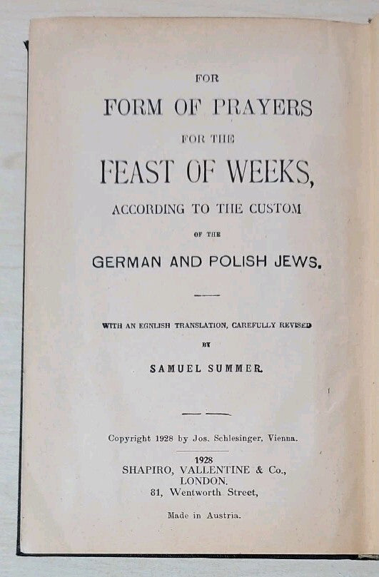 Form of Prayers Feast of Pentecost German Polish Jews 1928 Vintage Religious