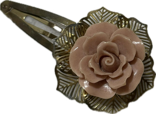 Rose Patterned Hair Clip Gold & Pink Costume Jewellery
