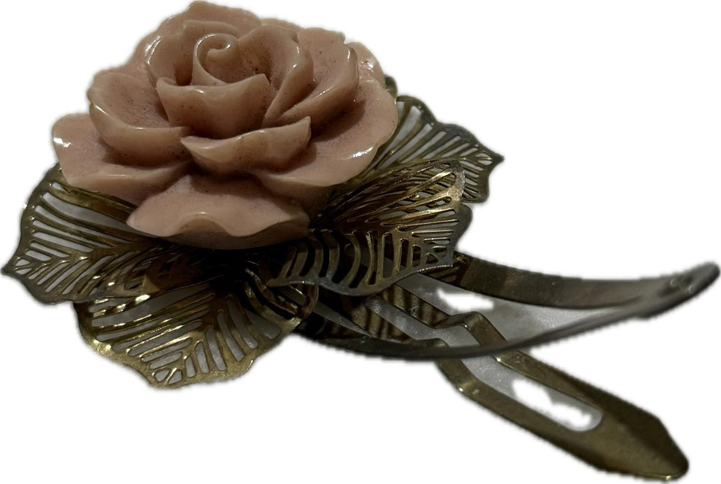 Rose Patterned Hair Clip Gold & Pink Costume Jewellery