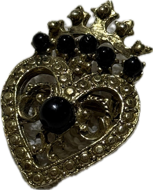 Gold & Black Heart Crown Brooch Pin Costume Jewellery