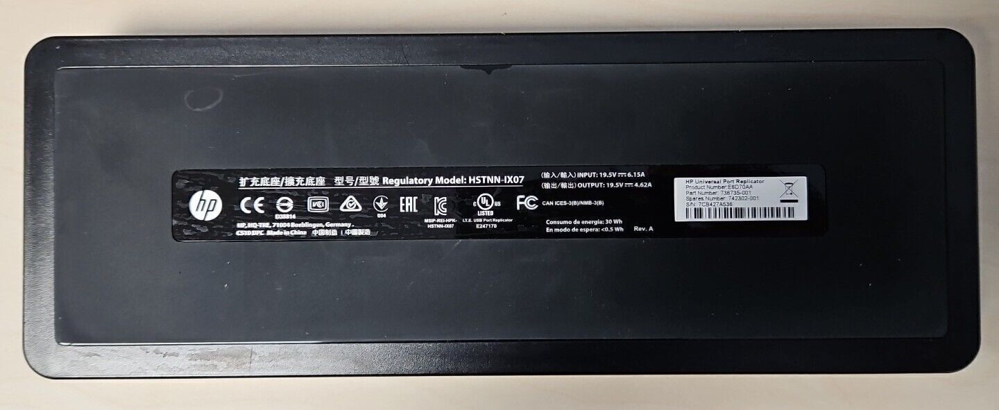 HP Universal USB 3.0 Port Replicator 736735-001 742302-001 No Adaptor