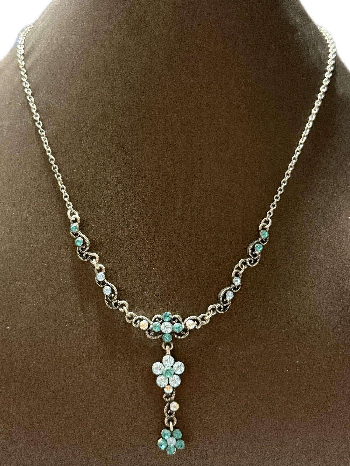 Silver Blue Floral Necklace Costume Jewellery Elegant Accessory