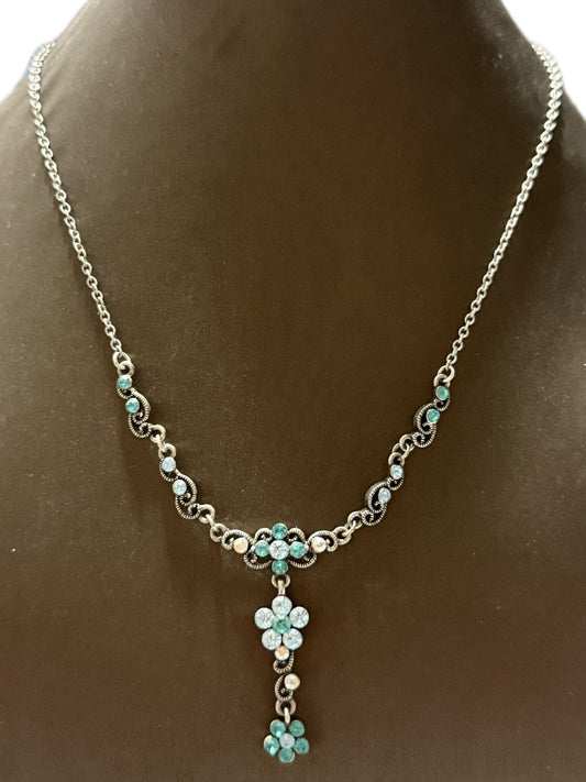 Silver Blue Floral Necklace Costume Jewellery Elegant Accessory
