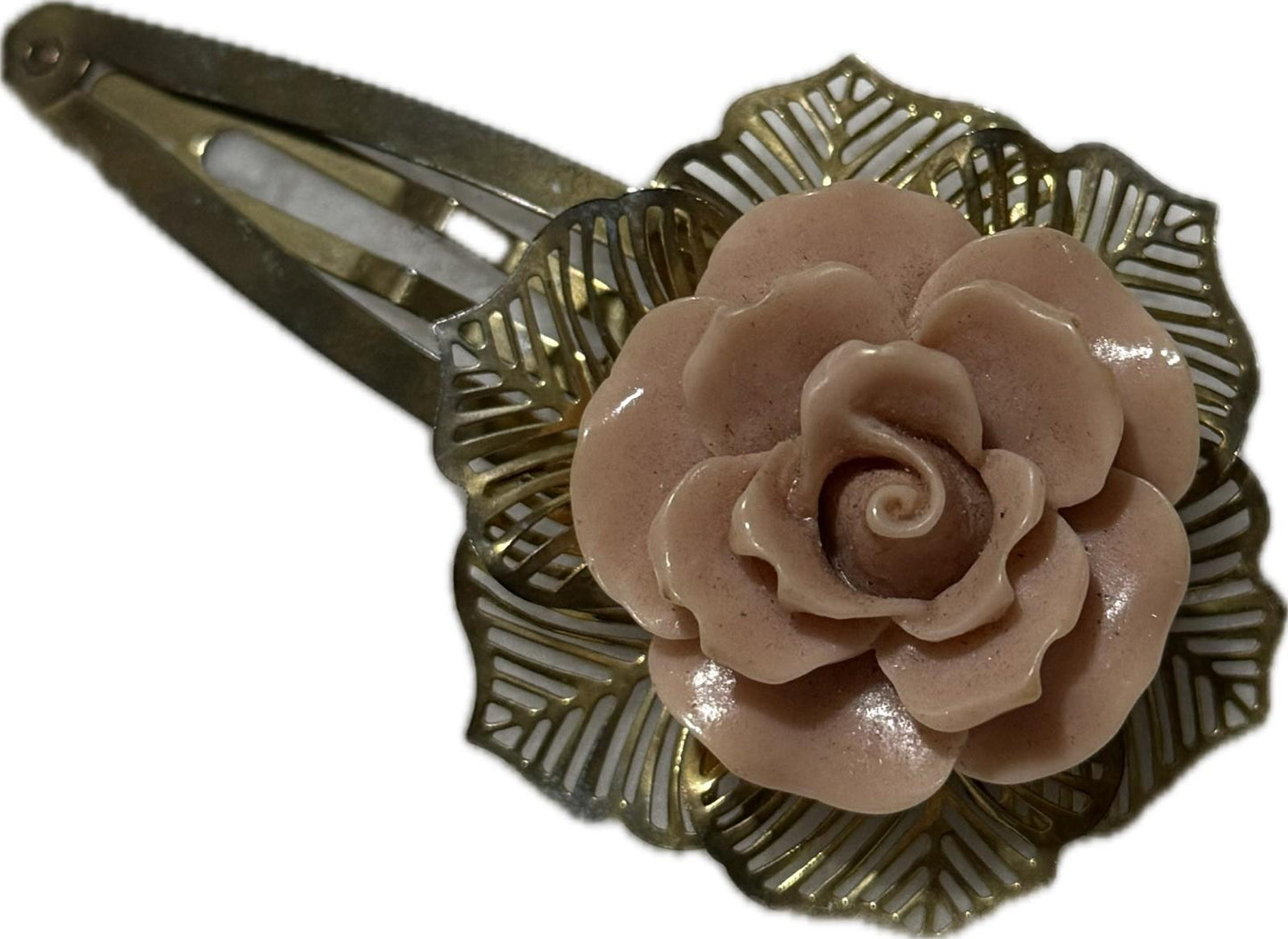 Rose Patterned Hair Clip Gold & Pink Costume Jewellery