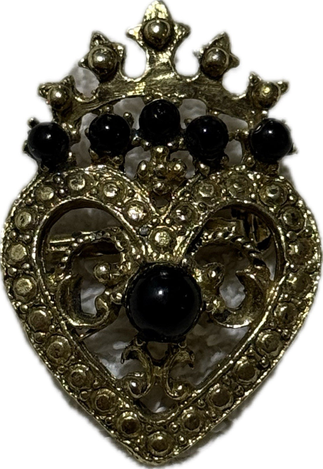 Gold & Black Heart Crown Brooch Pin Costume Jewellery