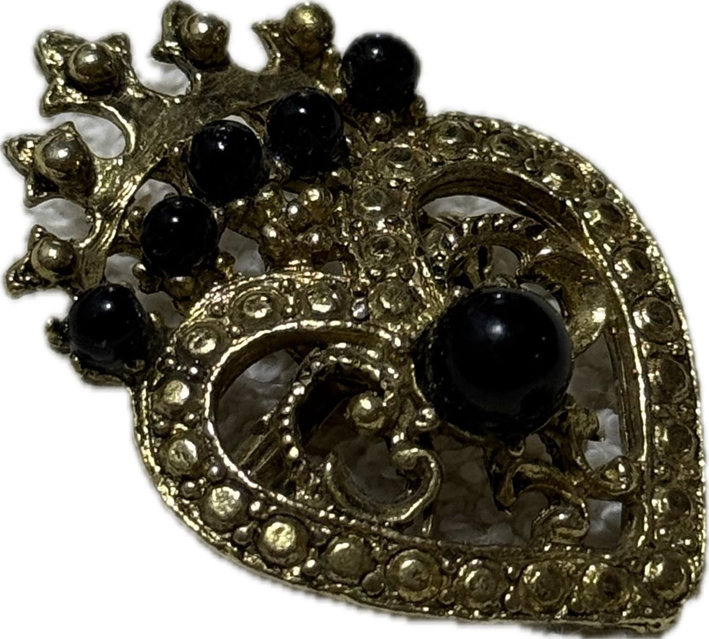 Gold & Black Heart Crown Brooch Pin Costume Jewellery
