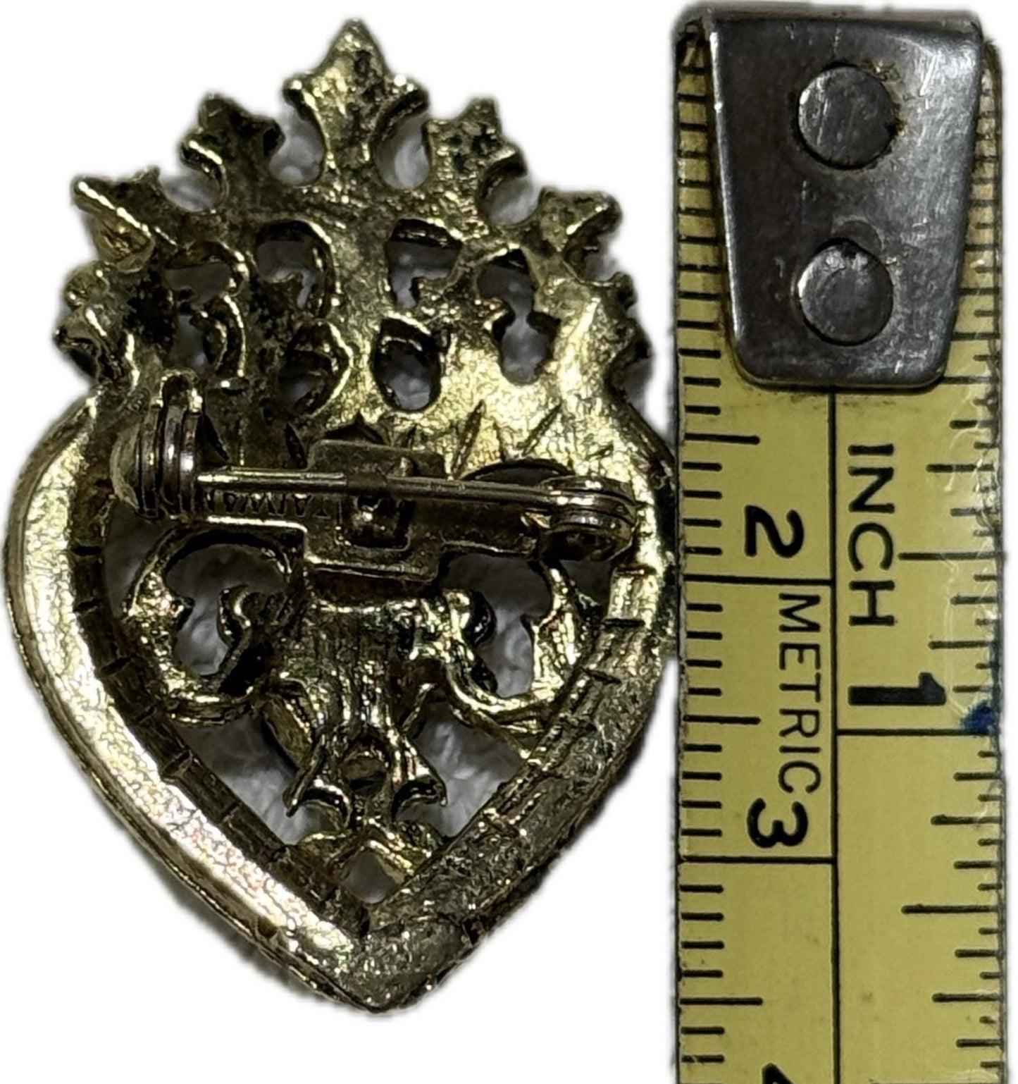 Gold & Black Heart Crown Brooch Pin Costume Jewellery